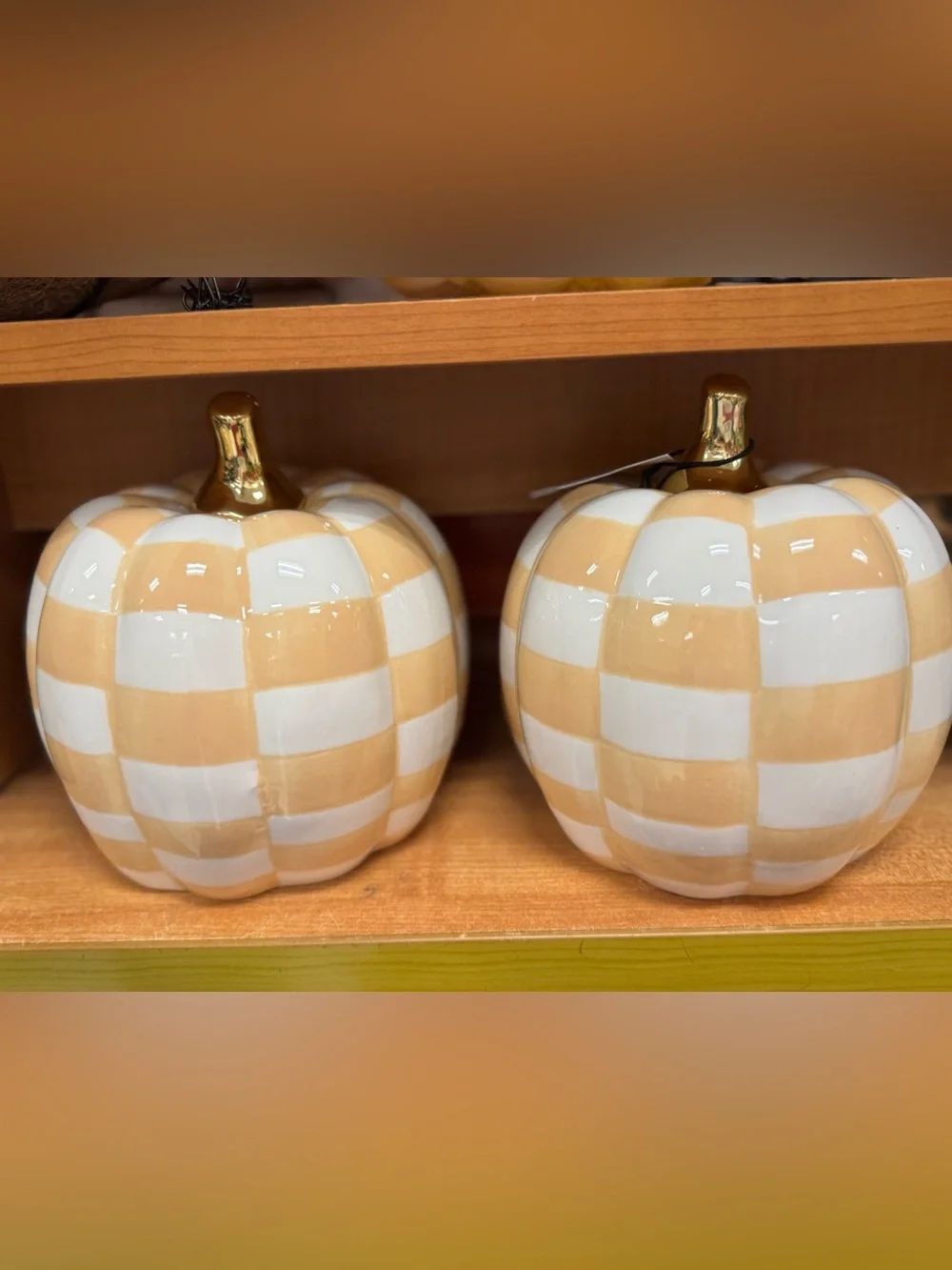 2 Checkerboard Ceramic Pumpkin Accent - Cream and White